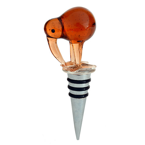 Elegant brown kiwi glass bottle stopper for wine, beautifully boxed, capturing New Zealand's charm and wildlife essence.