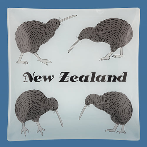 Glass Kiwi Plate featuring four hand-drawn Kiwi birds, perfect for serving or as a decorative piece, 250mm square.