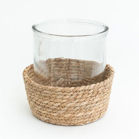 Medium straw candle holder, handcrafted, eco-friendly, 19 x 9 x 17cm, perfect for elevating home decor and ambiance.