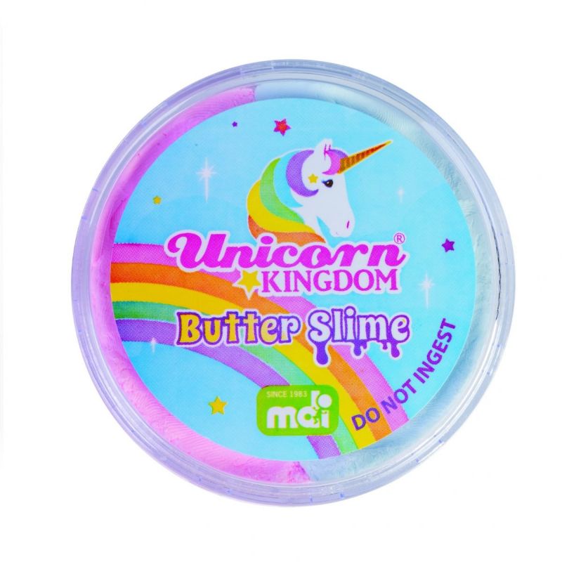 Colorful unicorn butter slime set of 12, featuring soft, creamy texture for stress relief and creative play.