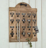 Wooden key holder (70cm) with natural finish, antiqued metal accents for stylish organization and decor enhancement.