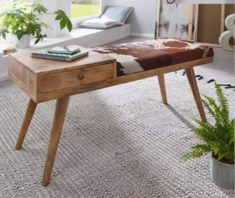 Mid-century phone bench made of solid wood with cushioned cowhide seat, ideal for stylish and functional home decor.