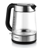 Sleek silver Capri Glass Kettle with illuminated water window, 2200-watt fast boil, and 360° cordless base for easy serving.