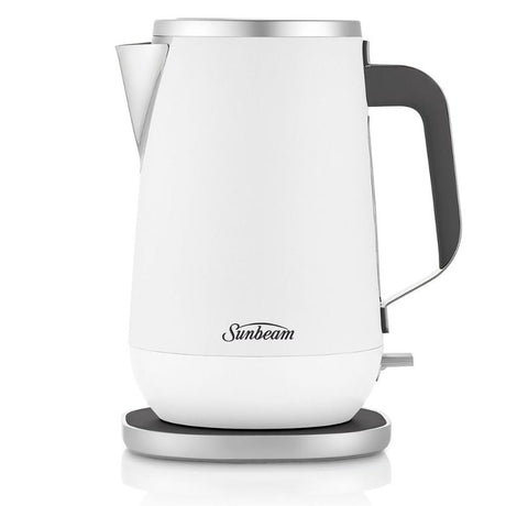 Elegant white Sunbeam Kyoto Jug Kettle 1.7L, inspired by Japanese aesthetics, features minimalist design and warm illumination.