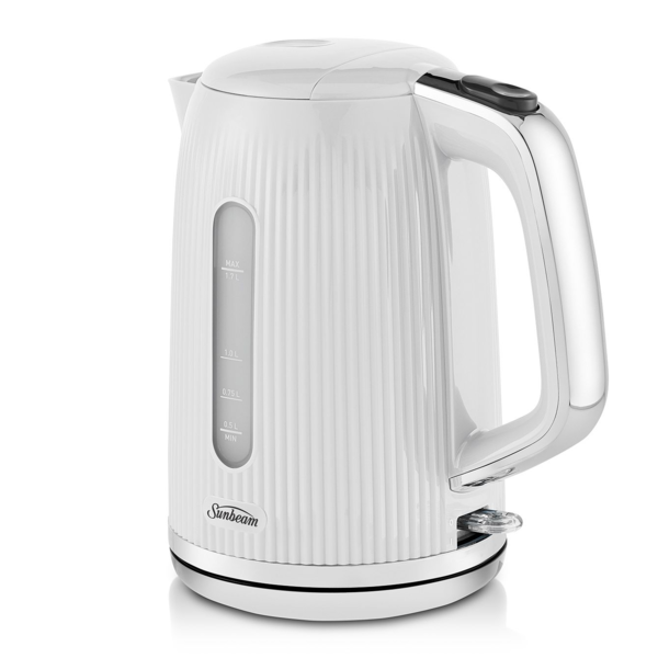 White Sunbeam Brightside 1.7L kettle with sleek design, fast boiling power, safety features, and integrated water window.