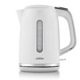 Sleek white 1.7L cordless kettle with textured finish, fast boiling, safety features, and integrated water window.