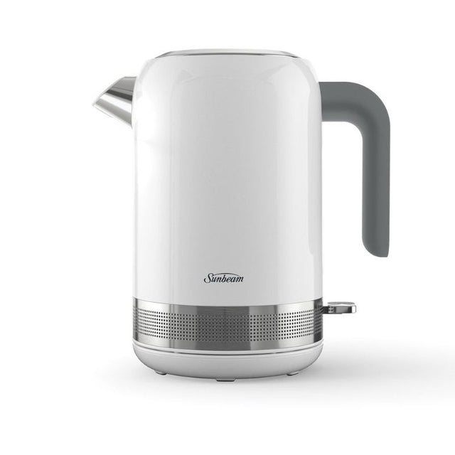 White Sunbeam SIMPLY SHINE 1.7L kettle with glossy finish, ideal for brewing tea and enhancing modern kitchen decor.