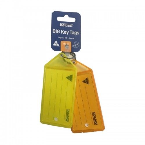 Transparent plastic key tag holders with vibrant colors and removable labels for easy key organization (2 pieces).