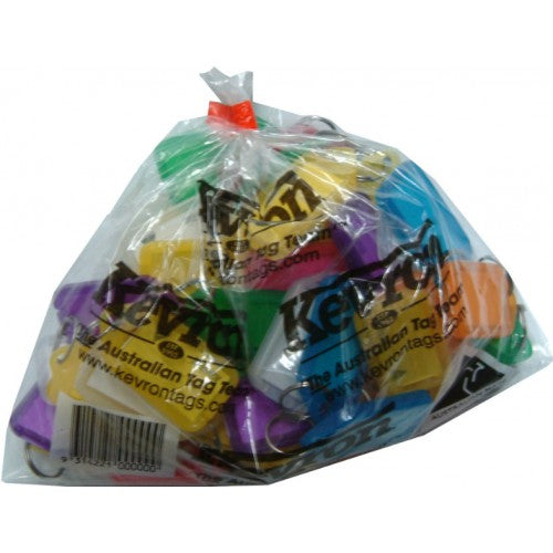 Colorful key tag holders with paper inserts and stainless steel rings, conveniently packaged in a bag of 50 for easy key management.