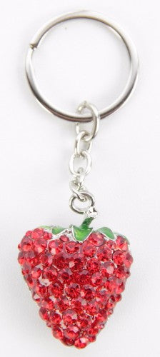 Vibrant strawberry keychain with sparkling crystals, perfect for bags or keys, adding whimsical elegance to your style.