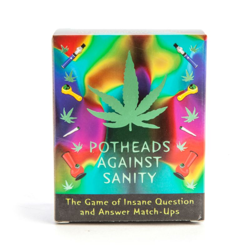 A colorful box of Potheads Against Sanity game featuring cards for outrageous humor and zany question-answer match-ups.