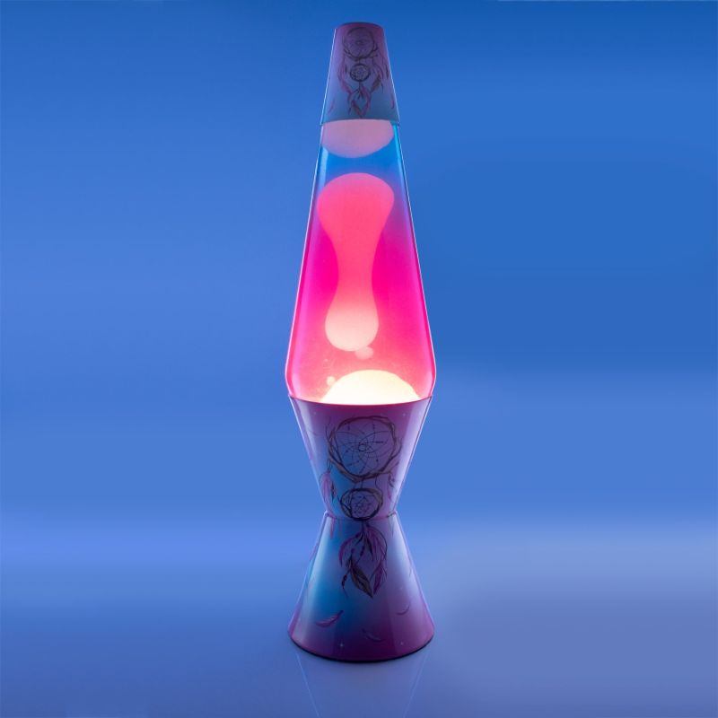 Diamond Motion Lamp in diamond shape with pink and blue gradient glass, dreamcatcher design, creating soothing swirling light.