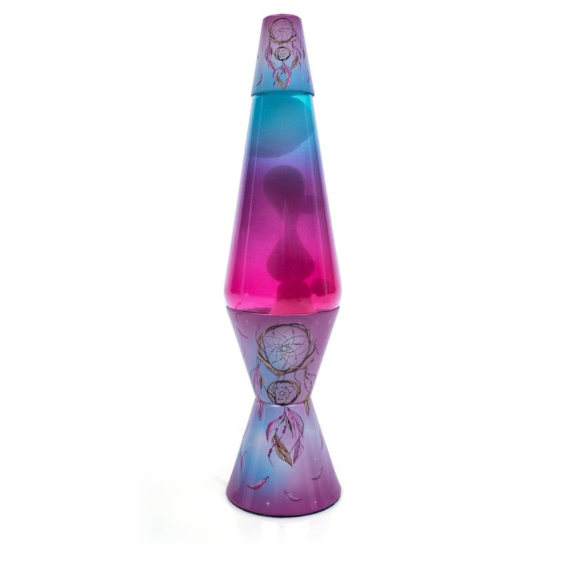 Diamond Motion Lamp in diamond shape with pink-blue gradient glass, featuring swirling lava effect and dreamcatcher design.