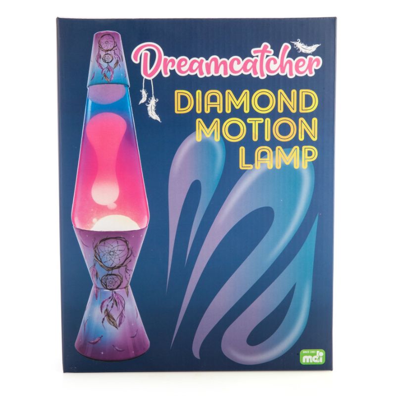 Diamond-shaped motion lamp with pink and blue gradient glass, featuring swirling lava and a dreamcatcher design.