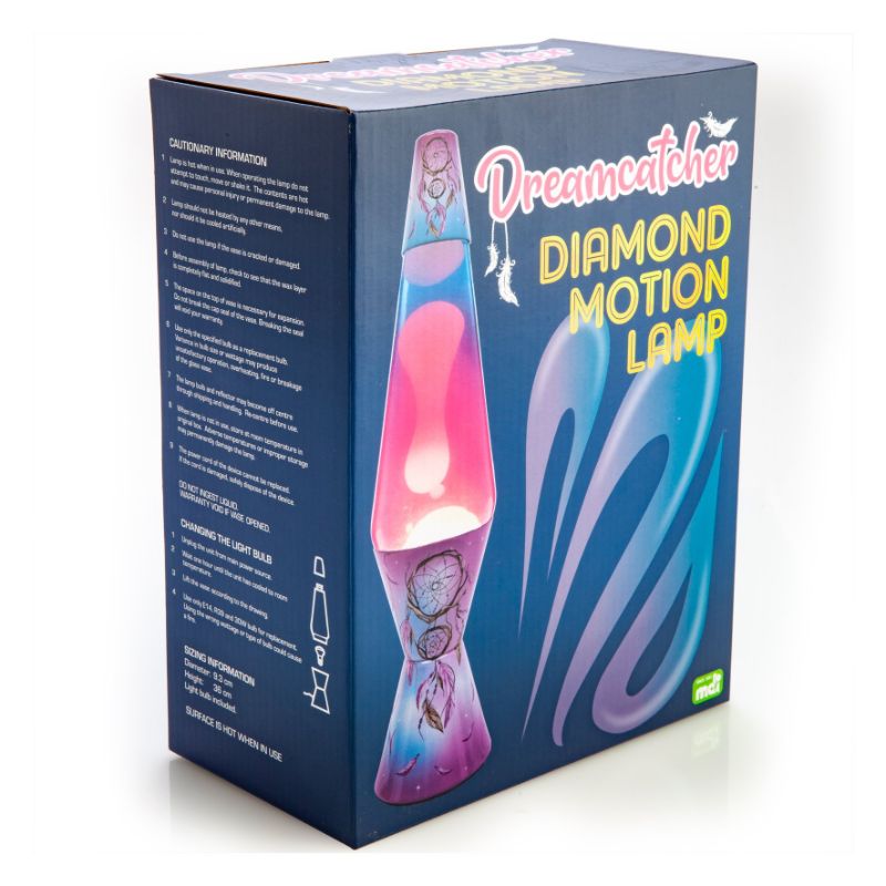 Edgy diamond-shaped motion lamp with pink and blue gradient glass, featuring a dreamy dreamcatcher design.