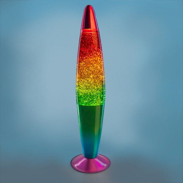 Rocket-shaped glitter lamp with rainbow gradient glass, swirling glitter, and metallic casing for vibrant decor.