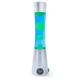 Column-shaped motion lamp with yellow lava in blue liquid, doubles as a Bluetooth speaker in stylish silver casing.