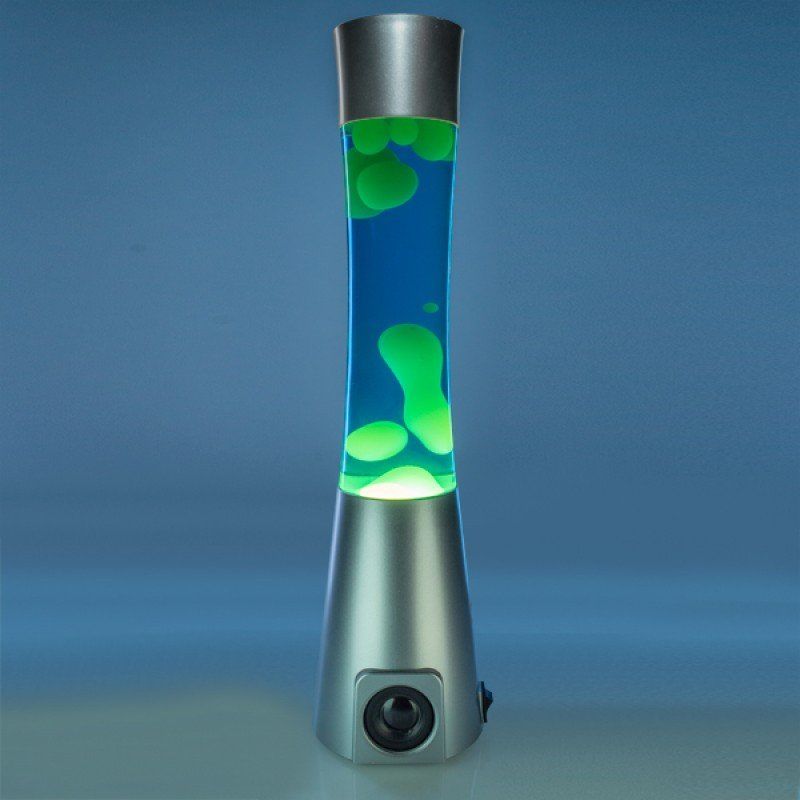 Motion Lamp and Bluetooth speaker with yellow lava in blue liquid, housed in silver casing, standing 420mm tall.