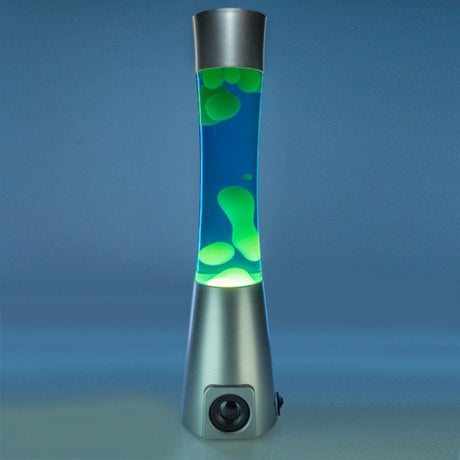 Motion Lamp and Bluetooth speaker with yellow lava in blue liquid, housed in silver casing, standing 420mm tall.