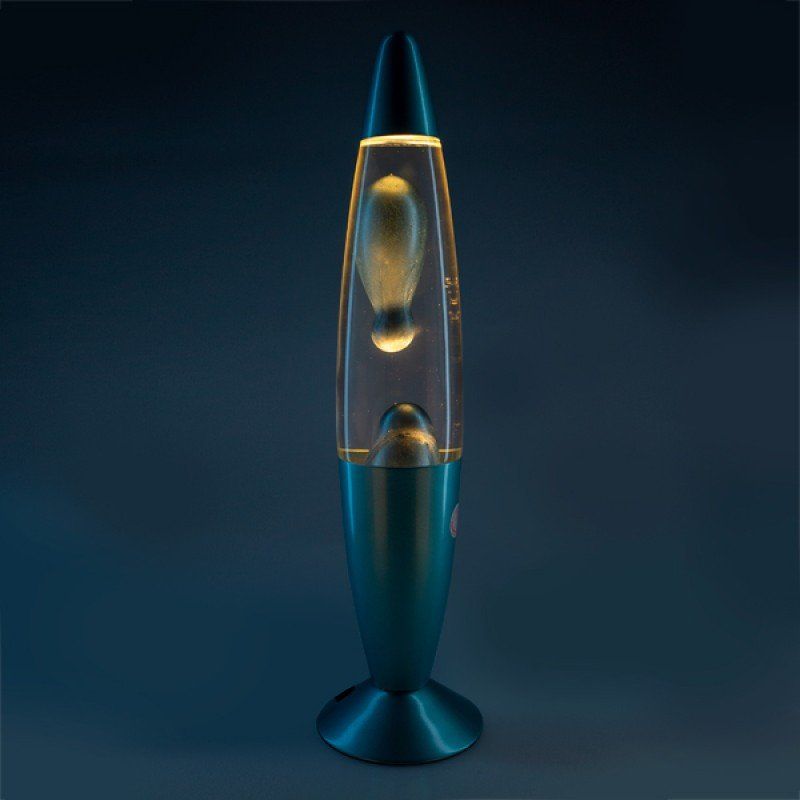 Blue metallic motion lamp with a rocket shape, rippling lava, and modern design, perfect for home decor and ambiance.