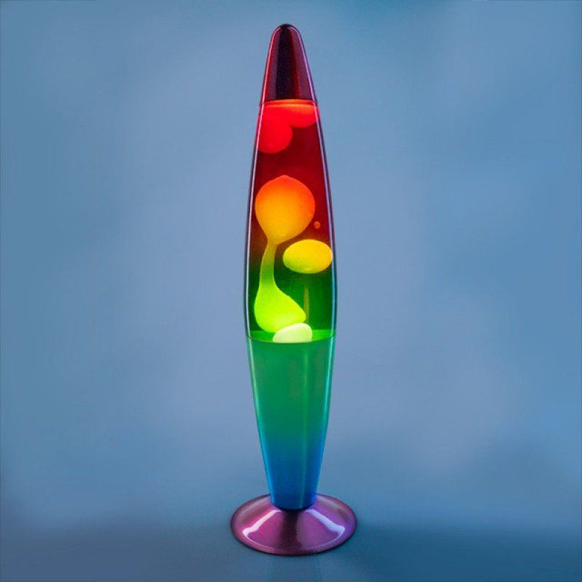 Rocket-shaped Motion Lamp with rainbow gradient glass body, showcasing swirling lava patterns for a captivating ambiance.