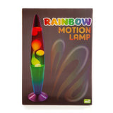 Rainbow gradient motion lamp with swirling lava in a rocket shape, perfect for creating a vibrant ambiance in any room.