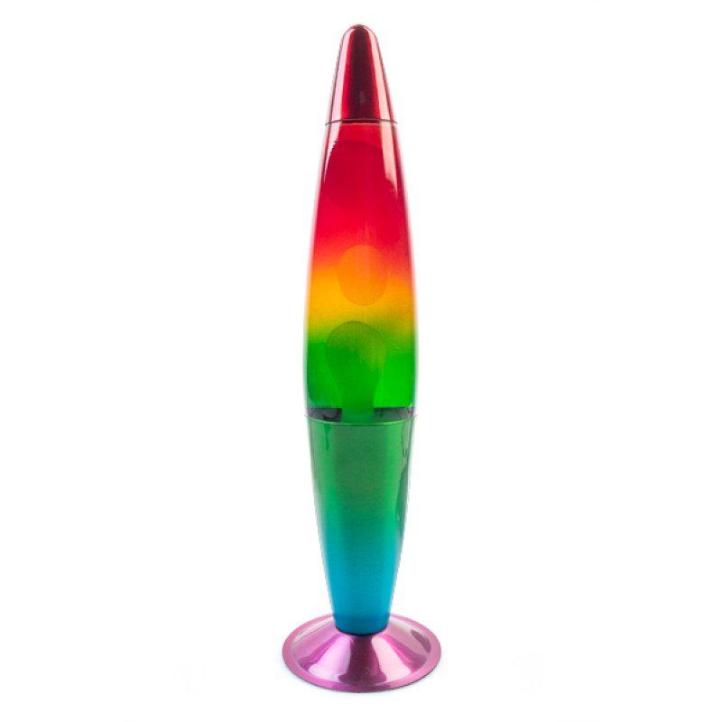 Rocket-shaped rainbow motion lamp with swirling lava patterns, perfect for adding vibrant ambiance to any space.