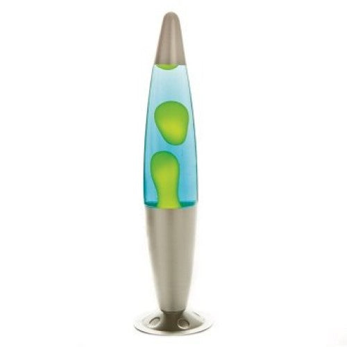 A tall silver motion lamp with blue liquid and swirling yellow wax, perfect for creating a calming ambiance in any room.