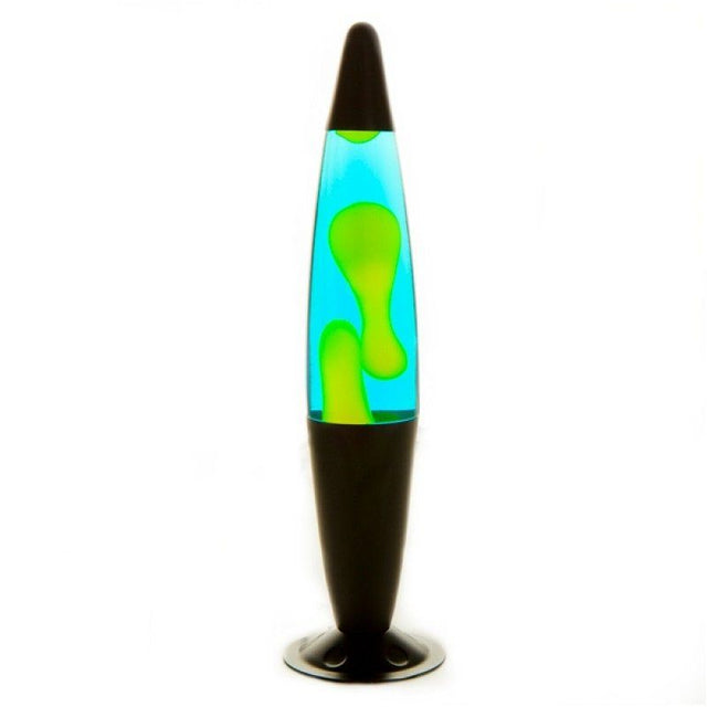 Peace Motion Lamp with black base, yellow wax, and blue liquid creates mesmerizing motion for a calming ambiance.