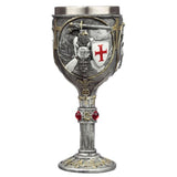 Decorative goblet featuring a Crusader knight on horseback, 17.5cm tall, ideal for collectors and medieval decor enthusiasts.