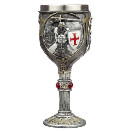 Decorative goblet featuring a Crusader knight on horseback, 17.5cm tall, ideal for collectors and medieval decor enthusiasts.