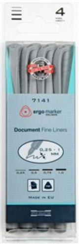 Koh I Noor Fineliners set of 4, featuring ergonomic grip, precision tips, light-fast ink, ideal for artists and professionals.