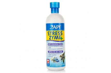 Bottle of Stress Zyme API - 473ml, an aquarium water conditioner with 300 million live bacteria per teaspoon for cleaner, healthier tanks.