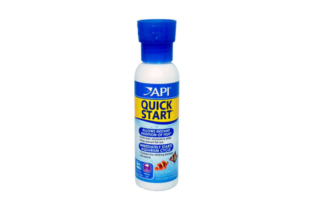 API Quick Start 118mL bottle featuring patented nitrifying bacteria for rapid ammonia and nitrite consumption in aquariums.