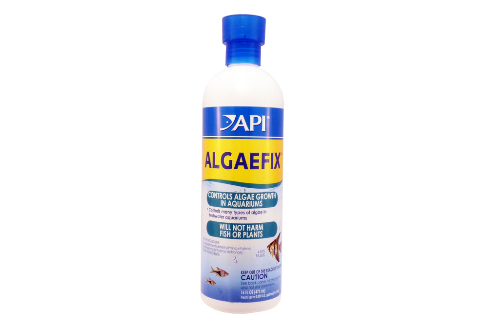 Bottle of API Algaefix - 473ml, an effective solution for controlling algae in freshwater aquariums with live fish and plants.