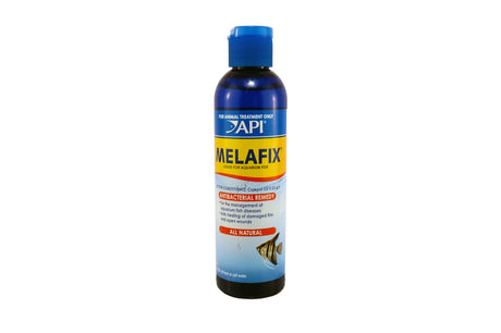 MELAFIX aquatic medication in a 118ml bottle, treats bacterial infections and promotes healing for vibrant fish health.