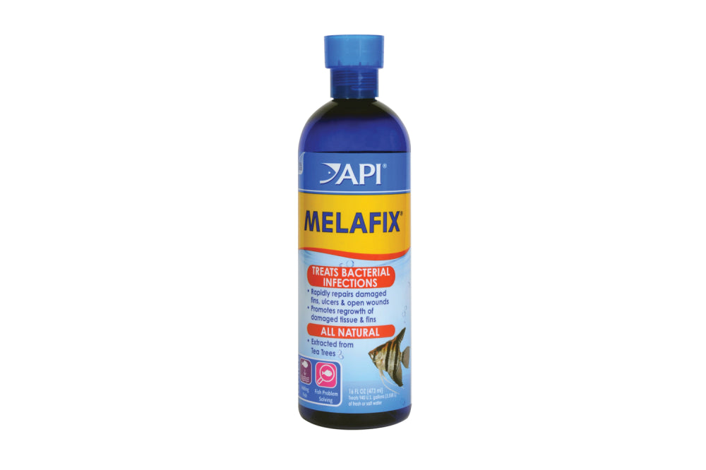 API Melafix 473mL bottle featuring an all-natural antibacterial solution for treating fish diseases and promoting healing.