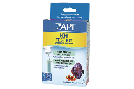 API Carbonate Hardness Test Kit for fresh and saltwater aquariums, measures KH to ensure pH stability and fish health.