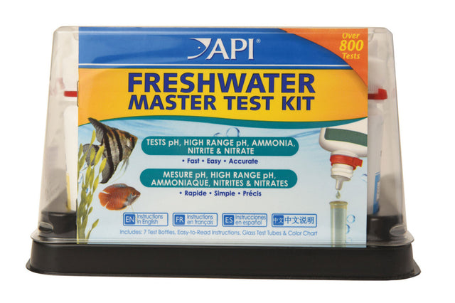 Freshwater Master Test Kit by API for testing pH, ammonia, nitrite, and nitrate in aquariums; includes tools and clear instructions.