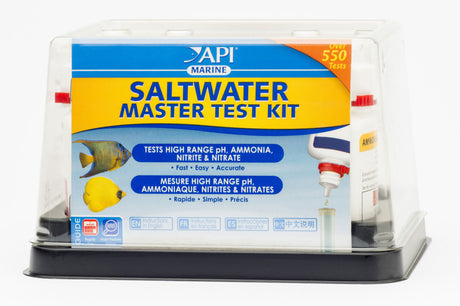 Saltwater Master Test Kit by API with transparent dome, 4 test tubes, color cards, and instructions for monitoring aquarium health.