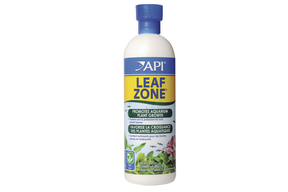 API Leaf Zone 473mL bottle for enhancing plant growth in freshwater aquariums with chelated iron and potassium nutrients.