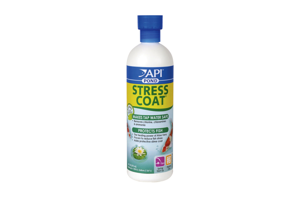 "API Pond Stress Coat 473mL, a fish and tap water conditioner that neutralizes toxins and promotes fish well-being with Aloe Vera."