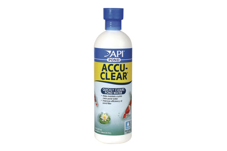 API Pond Accu-Clear 473mL bottle for clearing cloudy pond water, enhances filter efficiency, treats ponds up to 18,170 liters.