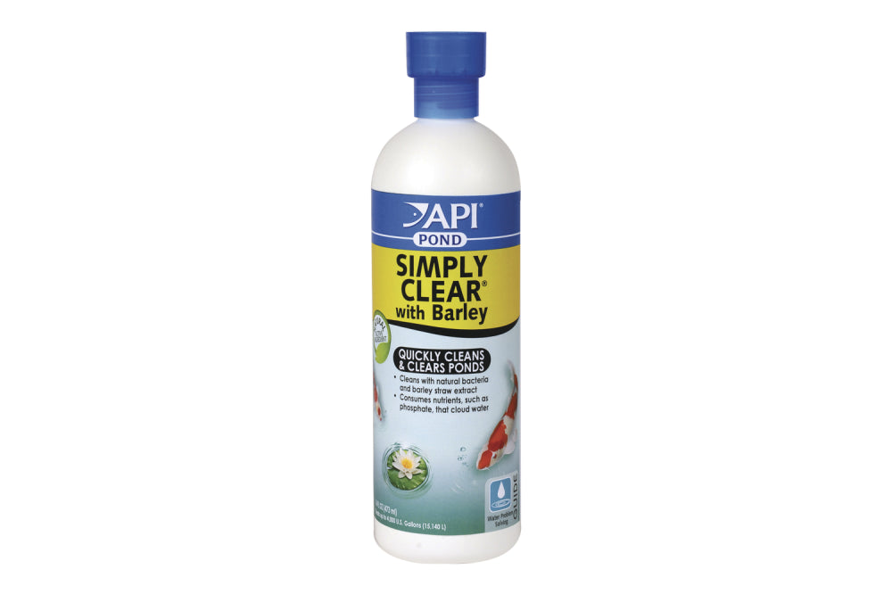 Bottle of API Pond Simply Clear with Barley, a 473mL bacterial pond clarifier for crystal-clear water and healthier ecosystems.