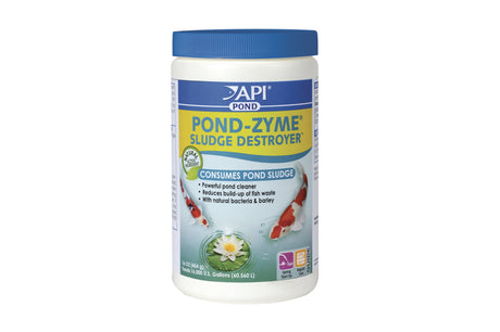 API Pond-Zyme Sludge Destroyer 454g bottle for effective pond cleaning, breaking down sludge and algae safely for fish and plants.