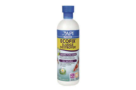 API Pond Ecofix Sludge Destroyer 473mL bottle for clear, healthy pond water by breaking down sludge and boosting oxygen levels.