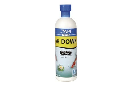 Bottle of API Pond pH Down 473mL, a safe pH adjuster for stable pond water, protecting fish and plants from harmful fluctuations.