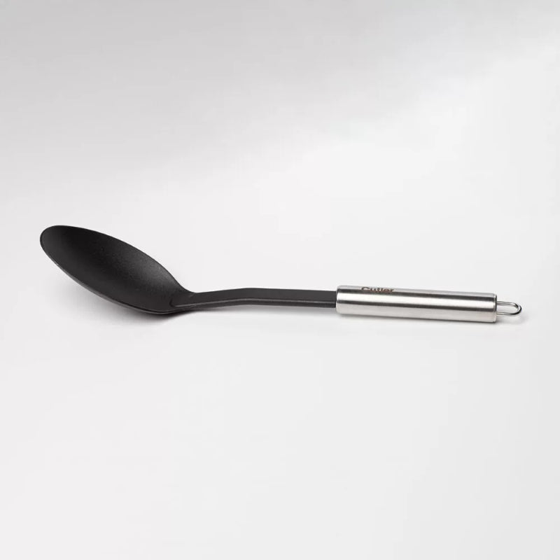 Non-stick kitchen spoon with nylon blade and sturdy handle, perfect for stirring and serving without scratches.