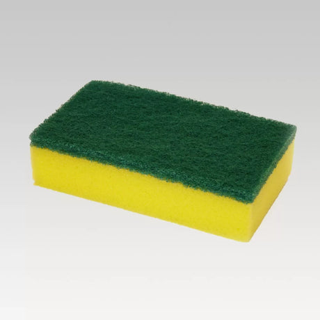 Premium scouring pad measuring 100mm x 150mm x 30mm, designed for tough grime removal from various cookware surfaces.