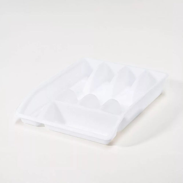 White plastic cutlery tray (33.5 x 26 x 6 cm) for organizing utensils, easy to clean, sturdy, and space-efficient.